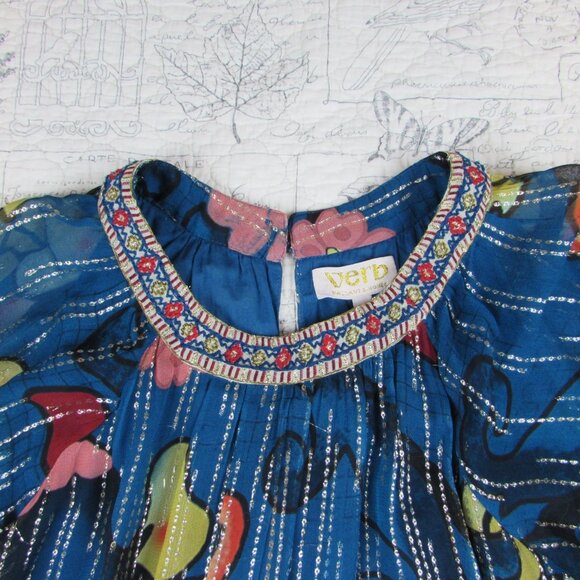 Anthropologie Verb Pallavi Singhee Eulalia Shimmer Tunic Dress Blue Floral 2 S - Picture 5 of 10